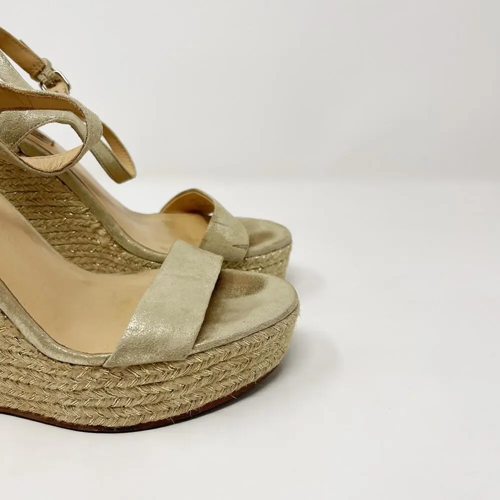 Badgley Mischka 5.5 Gold Leather Espadrille Wedge Sandals Ankle Wrap 4.5
